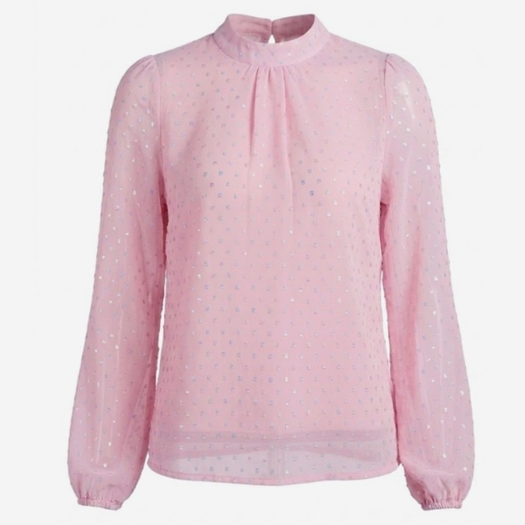 Unbranded Tops - Pink Sheer Chiffon Clip Dot Mock Neck Long Sleeve Blouse